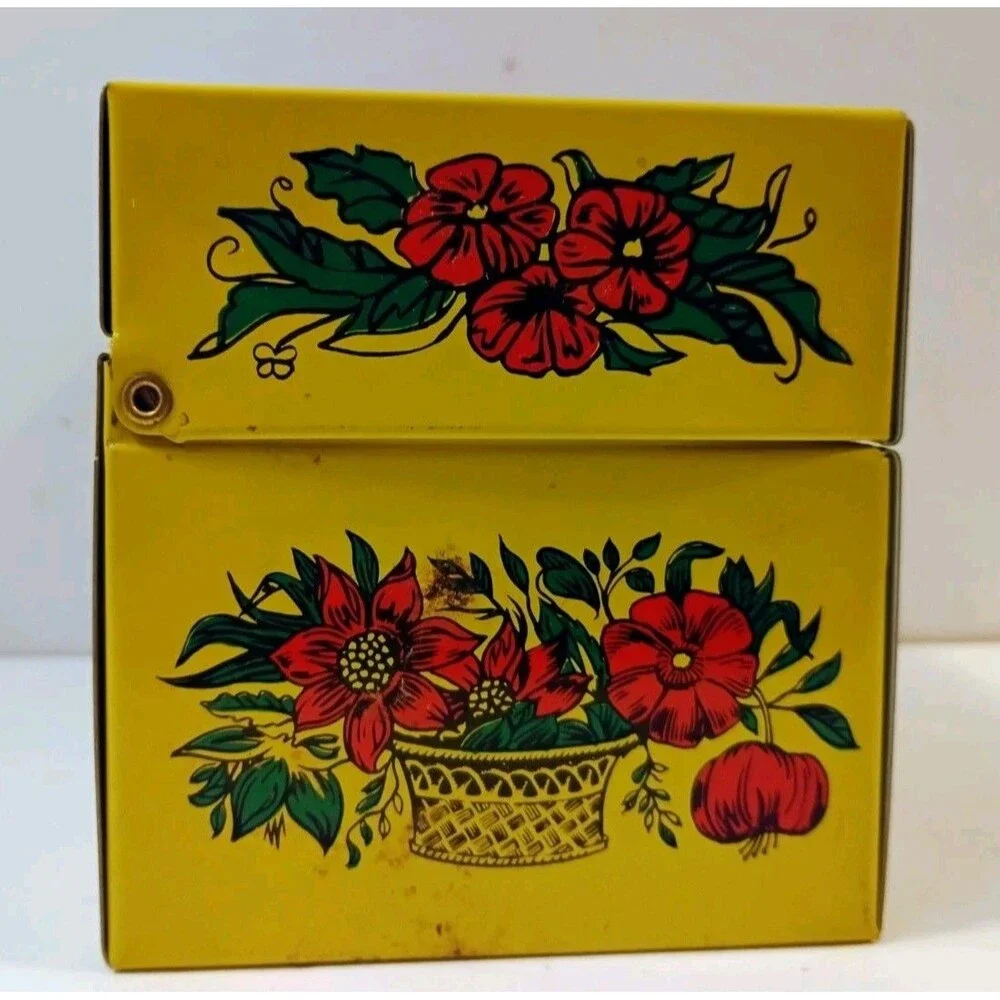 Vintage Grey Gardens Yellow Tin Recipe Box with New File n Find Index Cards